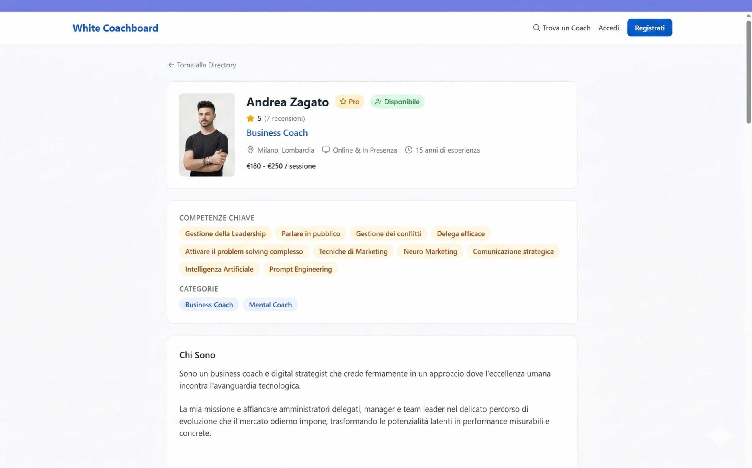 Esempio di profilo pubblico coach su WhiteCoachBoard
