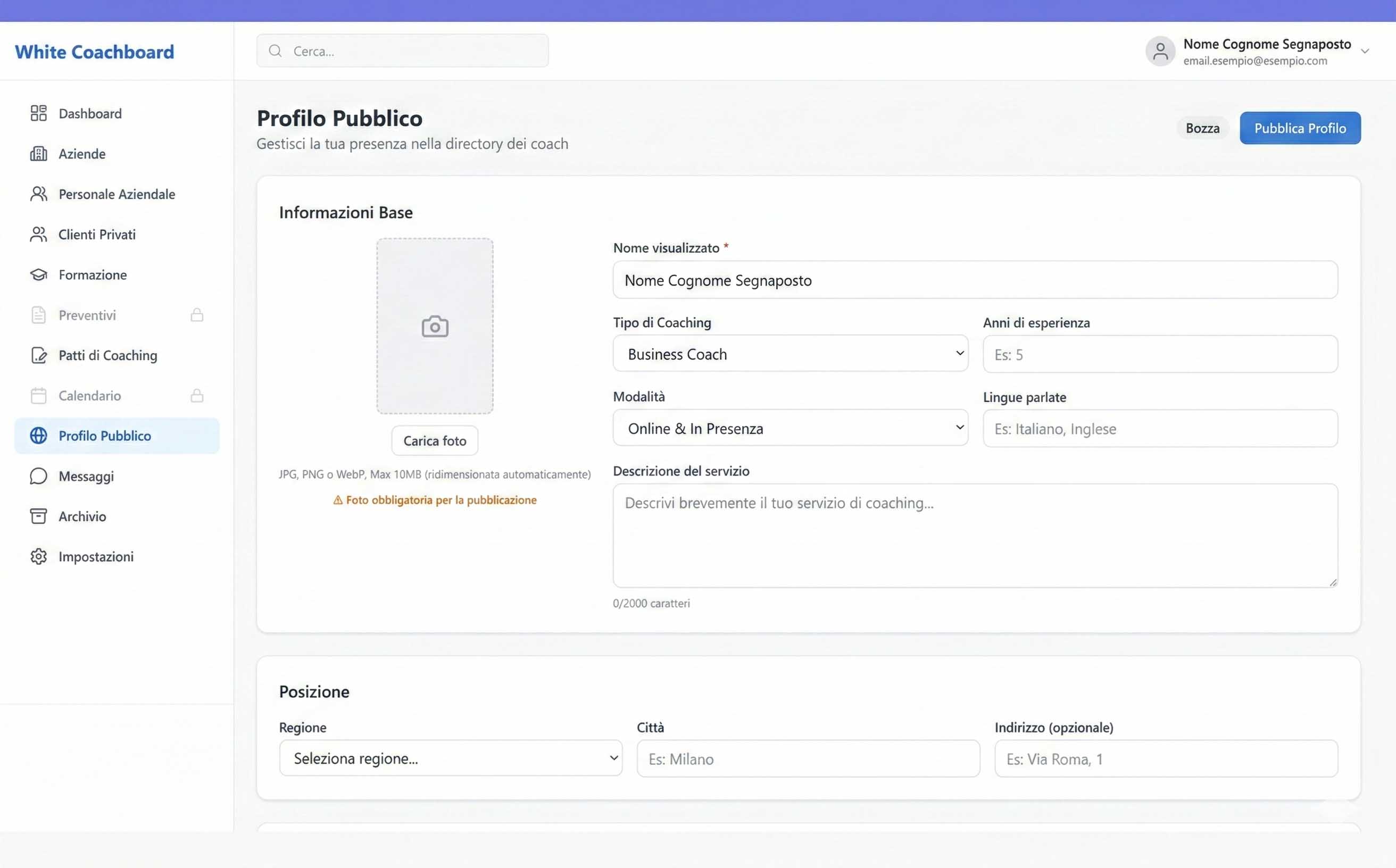 Pagina Profilo Pubblico di WhiteCoachBoard - Sezione Informazioni Base
